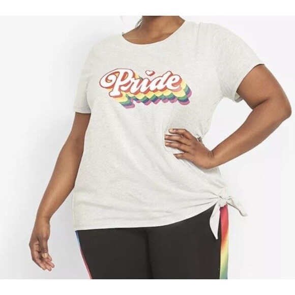 Livi Lane Bryant Short Sleeve 22 24 Rainbow Graphic Pride Side Tie Gray Shirt - Picture 1 of 8